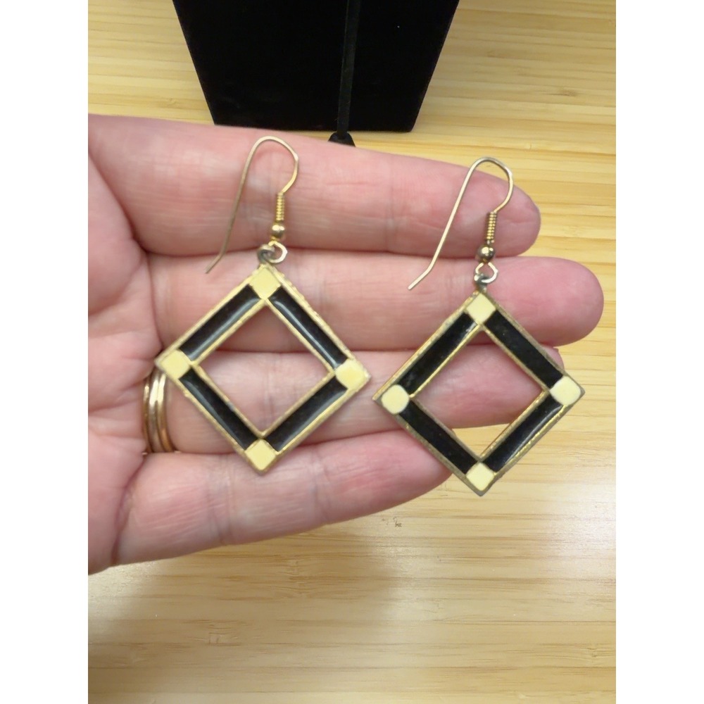 Geometric Diamond Dangle Earrings Black Cream Gold Tone Art Deco Style